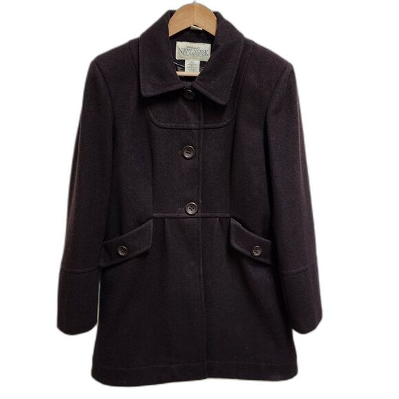 New York Classics Coat Women M Brown Wool Blend Peacoat Button Lined Warm Preppy - Picture 1 of 10